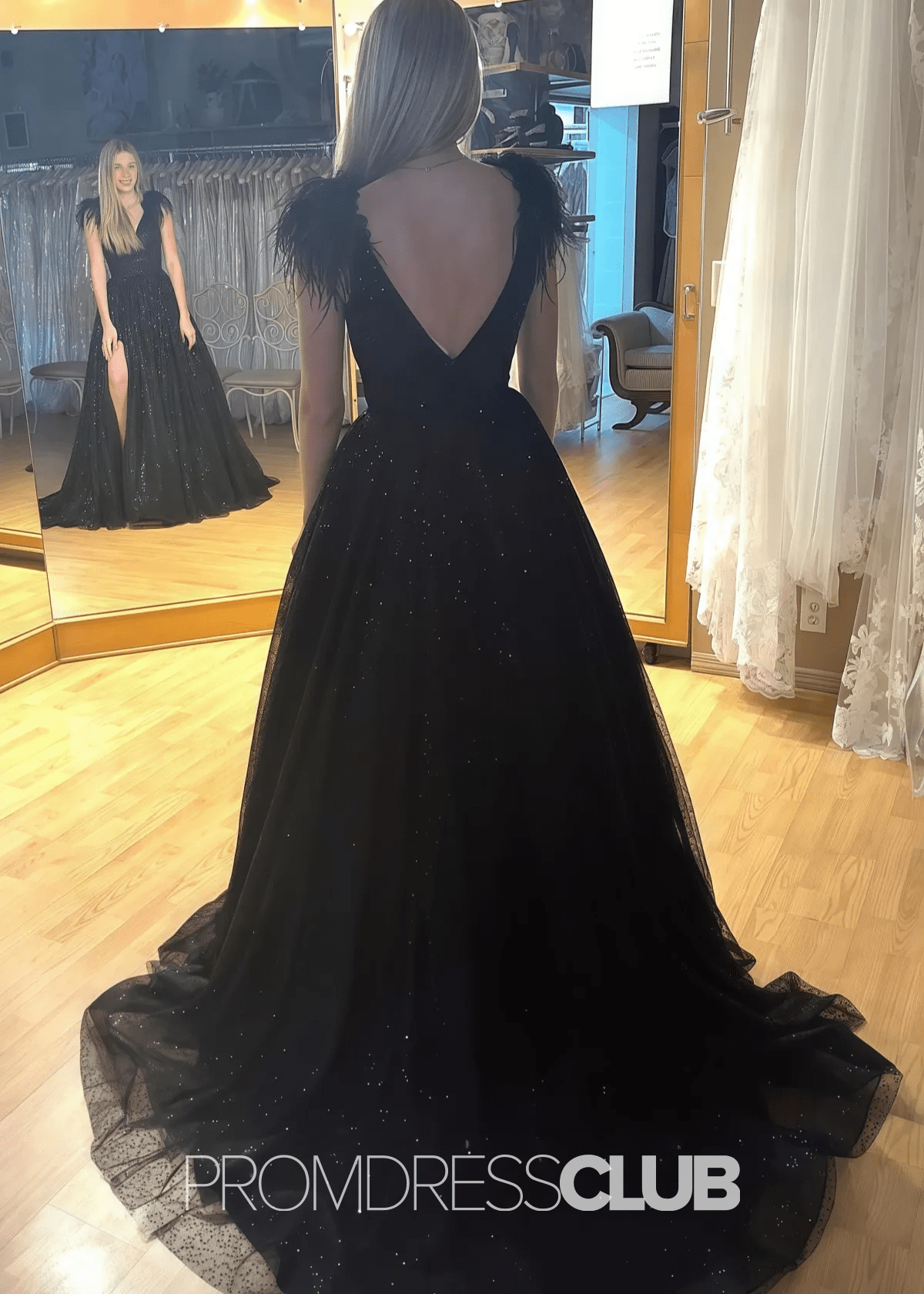 Mabel |Long Black Prom Dresses Near Me With A Line V Neck Sequined Tulle Slit - Black - US0 - PromDressClub