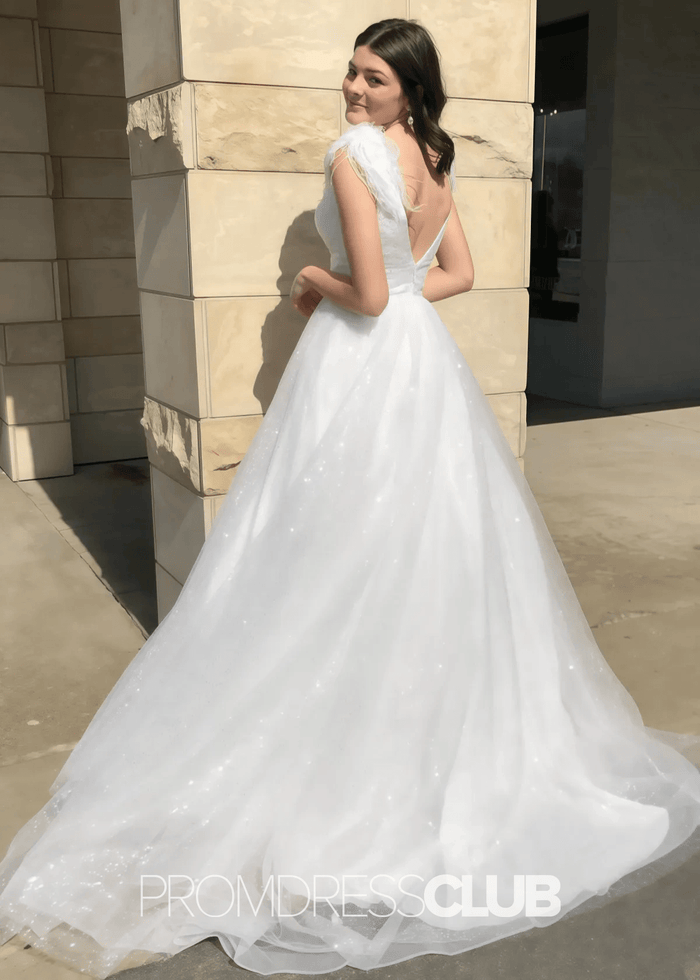 Mabel |Long Black Prom Dresses Near Me With A Line V Neck Sequined Tulle Slit - Price #price_variant_lowest# - White - PromDressClub