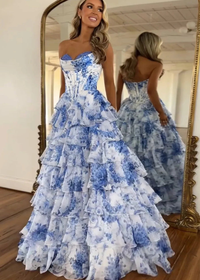 Mabel|A - Line Sweetheart Chiffon Floral Ruffled Corset Long Blush Prom Dress with Slit - Blue Floral - PromDressClub