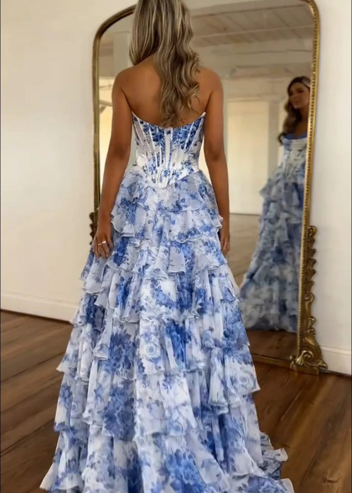 Mabel|A - Line Sweetheart Chiffon Floral Ruffled Corset Long Blush Prom Dress with Slit - Blue Floral - PromDressClub