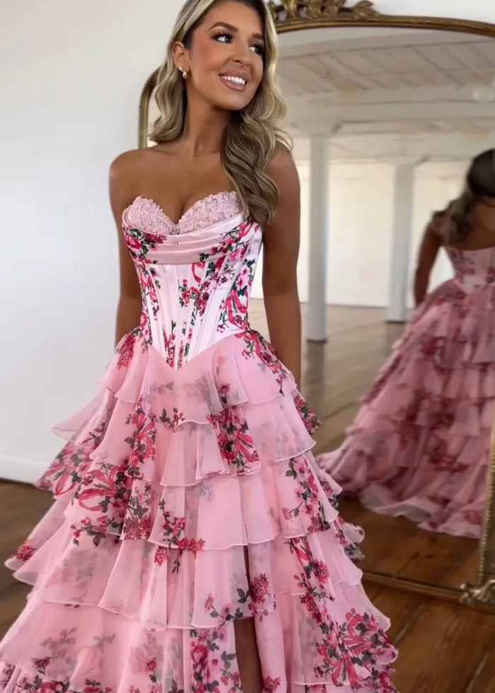 Mabel|A - Line Sweetheart Chiffon Floral Ruffled Corset Long Blush Prom Dress with Slit - Blush Floral - PromDressClub