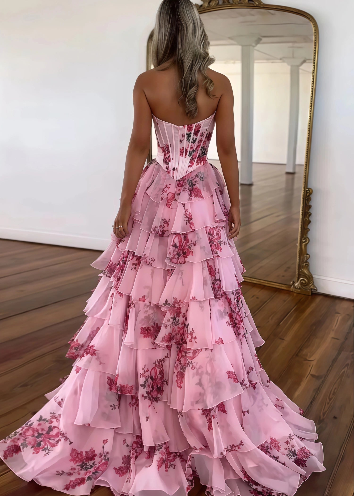 Mabel|A - Line Sweetheart Chiffon Floral Ruffled Corset Long Blush Prom Dress with Slit - Blush Floral - PromDressClub