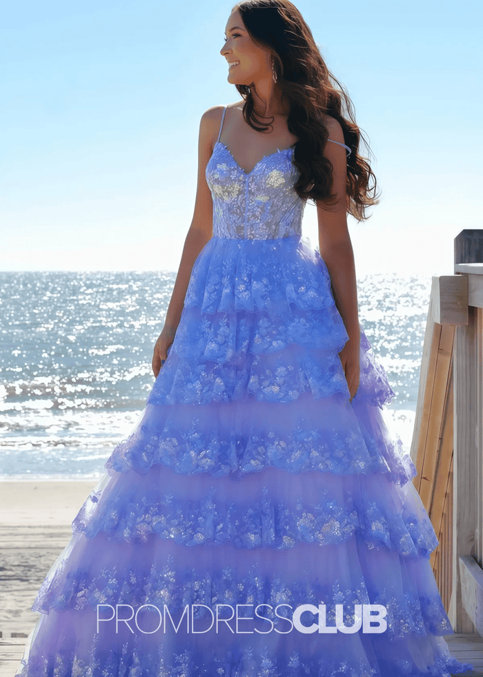 Madeline |Black Long Prom Dresses Near Me With A Line Spaghetti Straps Tiered Lace - Price #price_variant_lowest# - Lavender - PromDressClub