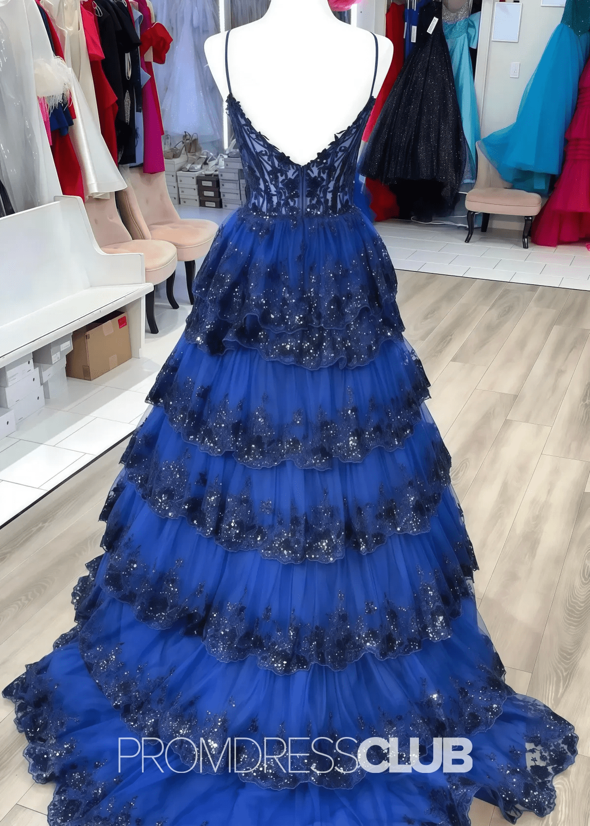 Madeline |Black Long Prom Dresses Near Me With A Line Spaghetti Straps Tiered Lace - Sky Blue - US0 - PromDressClub