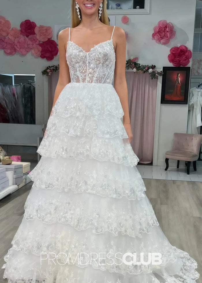 Madeline |Black Long Prom Dresses Near Me With A Line Spaghetti Straps Tiered Lace - Price #price_variant_lowest# - White - PromDressClub