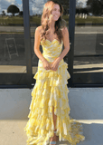 Madeline | White and Pink Floral Mermaid Tiered Prom Dress Long - Yellow Floral - PROMDRESS Club