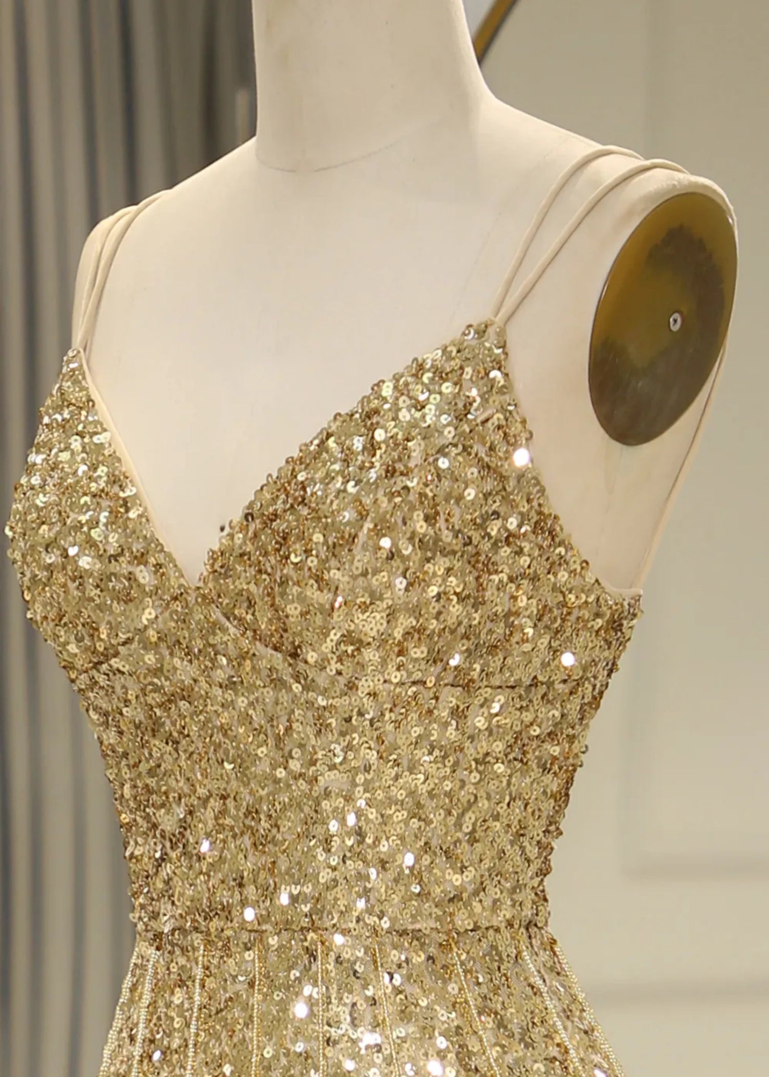 Madge | Mermaid Spaghetti Straps Bling Golden Sequins Long Prom Dress with Split Front - Gold - PromDressClub