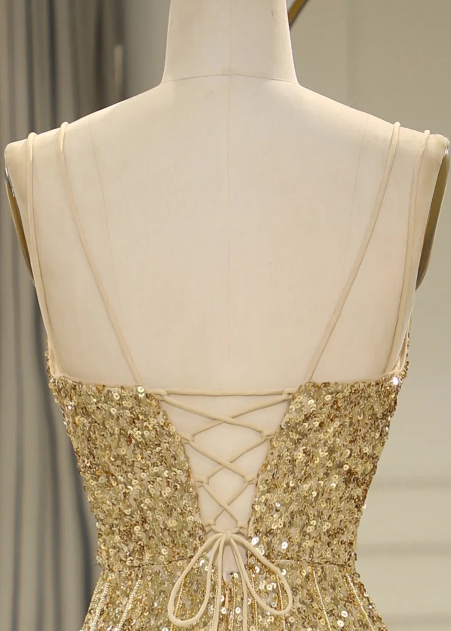 Madge | Mermaid Spaghetti Straps Bling Golden Sequins Long Prom Dress with Split Front - Gold - PromDressClub