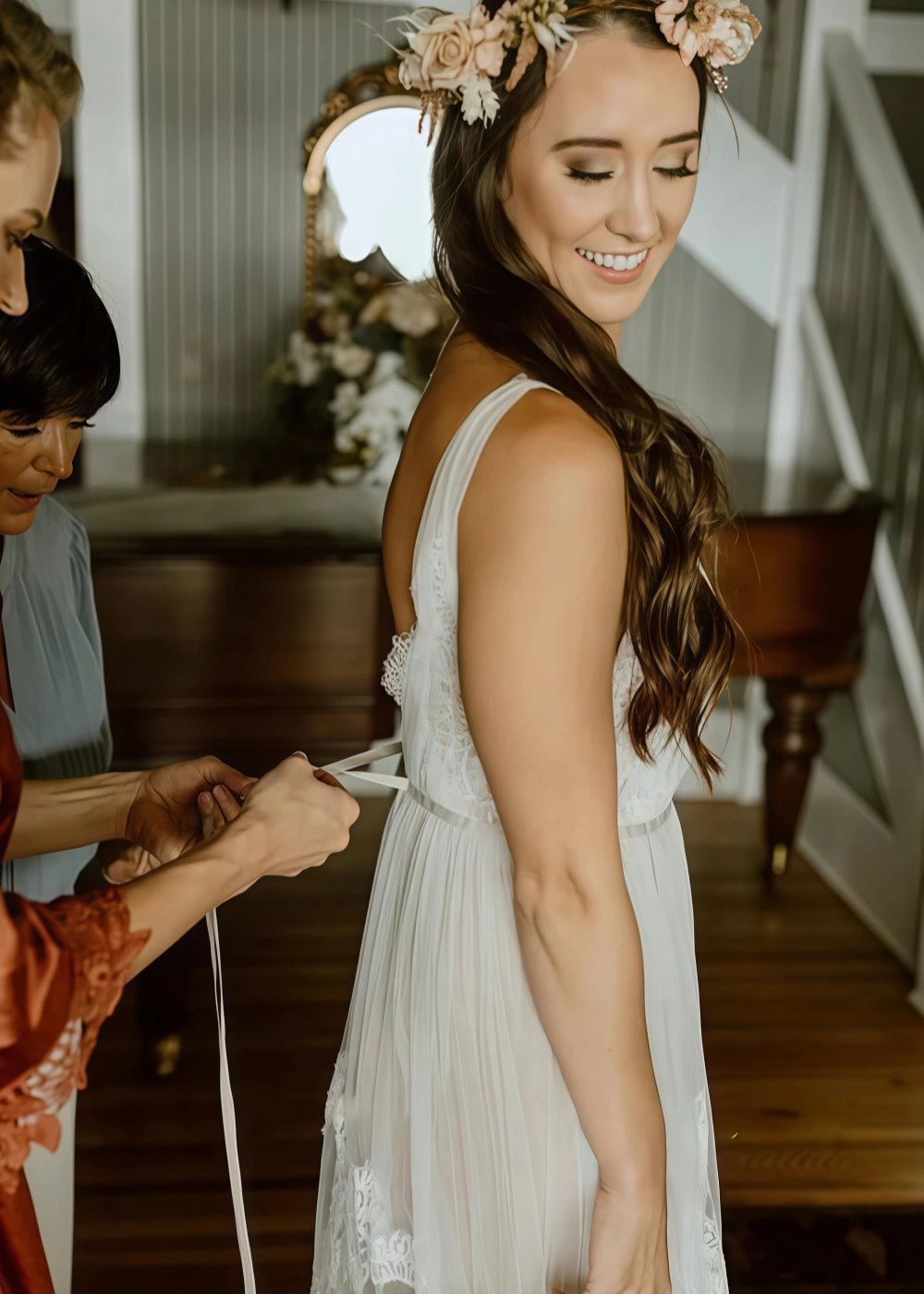 Mag | Bohemian A Line Backless Lace Tulle Wedding Dress - Perfect for Outdoor Weddings - White - PromDressClub