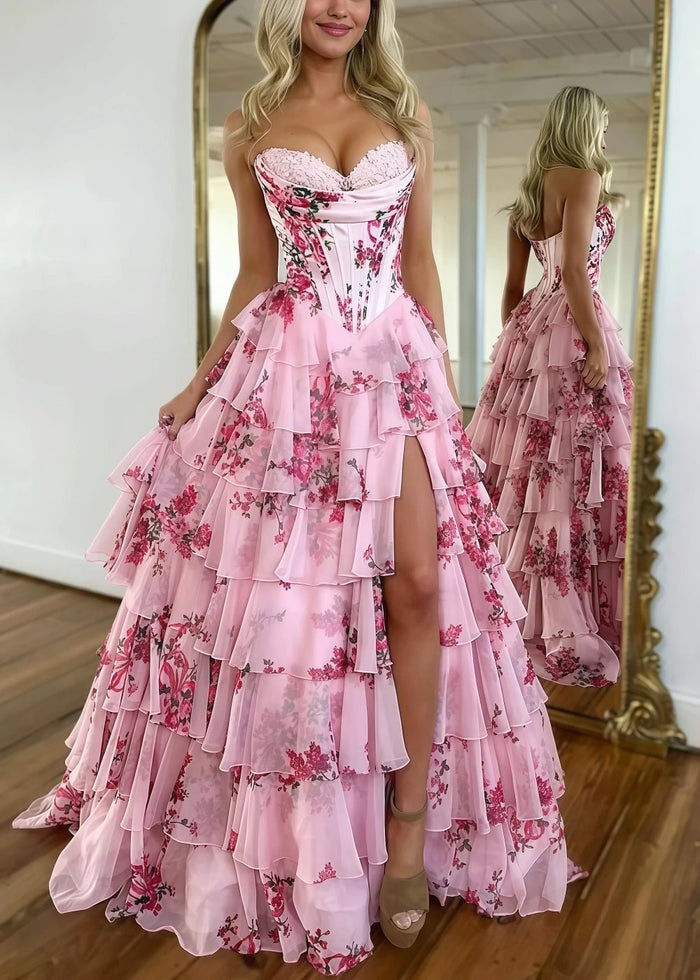 Mag | Light Blue Floral Corset Strapless Chiffon Ruffle Formal Dress with Slit - Light Pink Floral - PromDressClub