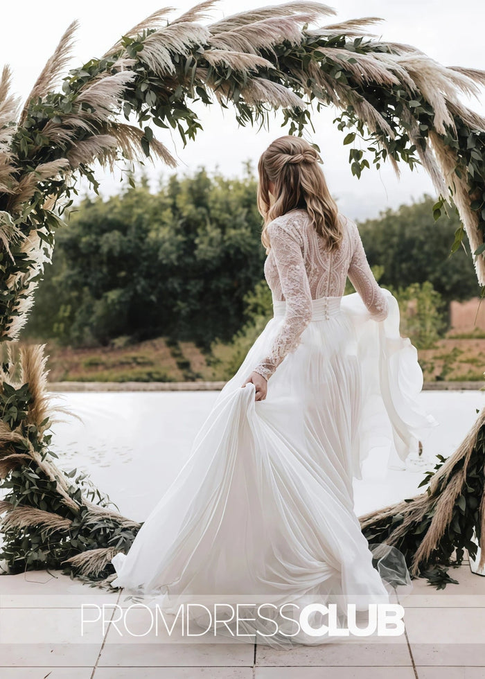 Mag |Long White Wedding Dresses Near Me With Luxurious Lace Beading Long Sleeves A - Line Pleated Tulle - Price #price_variant_lowest# - White - PromDressClub