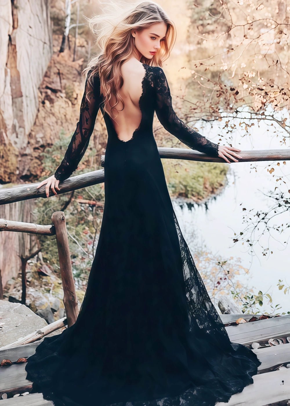 Maggie | Modest Black Tie Long Sleeve High Neck Backless Wedding Dress with Slit - Black - PromDressClub