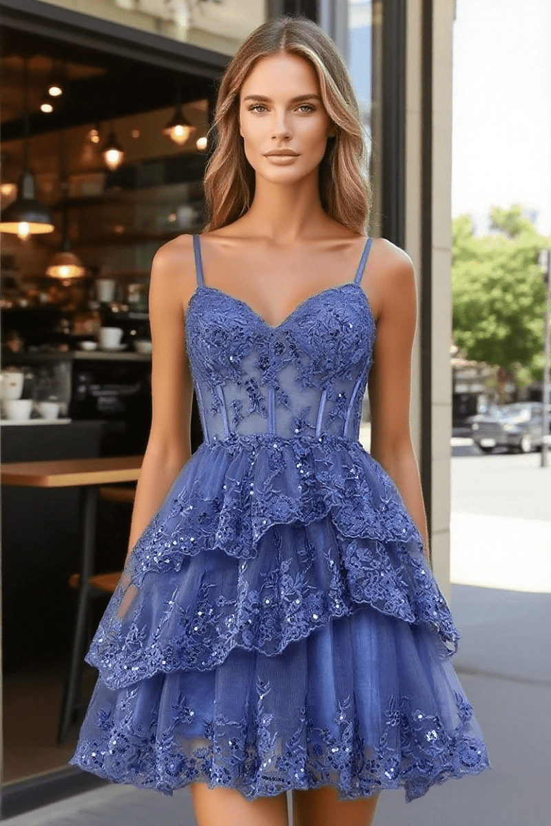 Make an Entrance Lavender Homecoming Dress with Ruffles for a Memorable Night - Navy Blue - PromDressClub