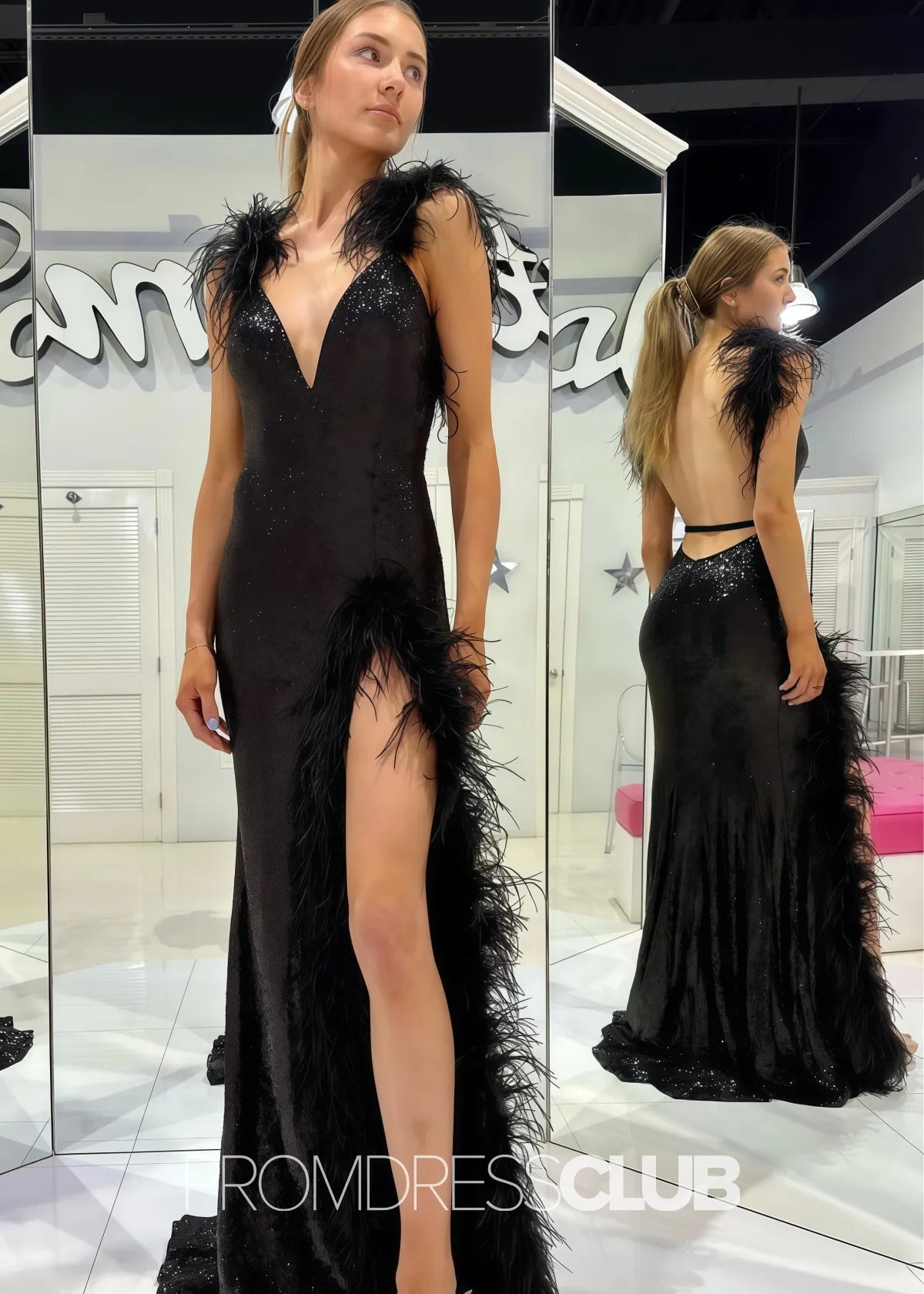 Mamie |Long Black Prom Dresses Near Me With Sequin V - Neck Mermaid Feathers - Black - US0 - PromDressClub