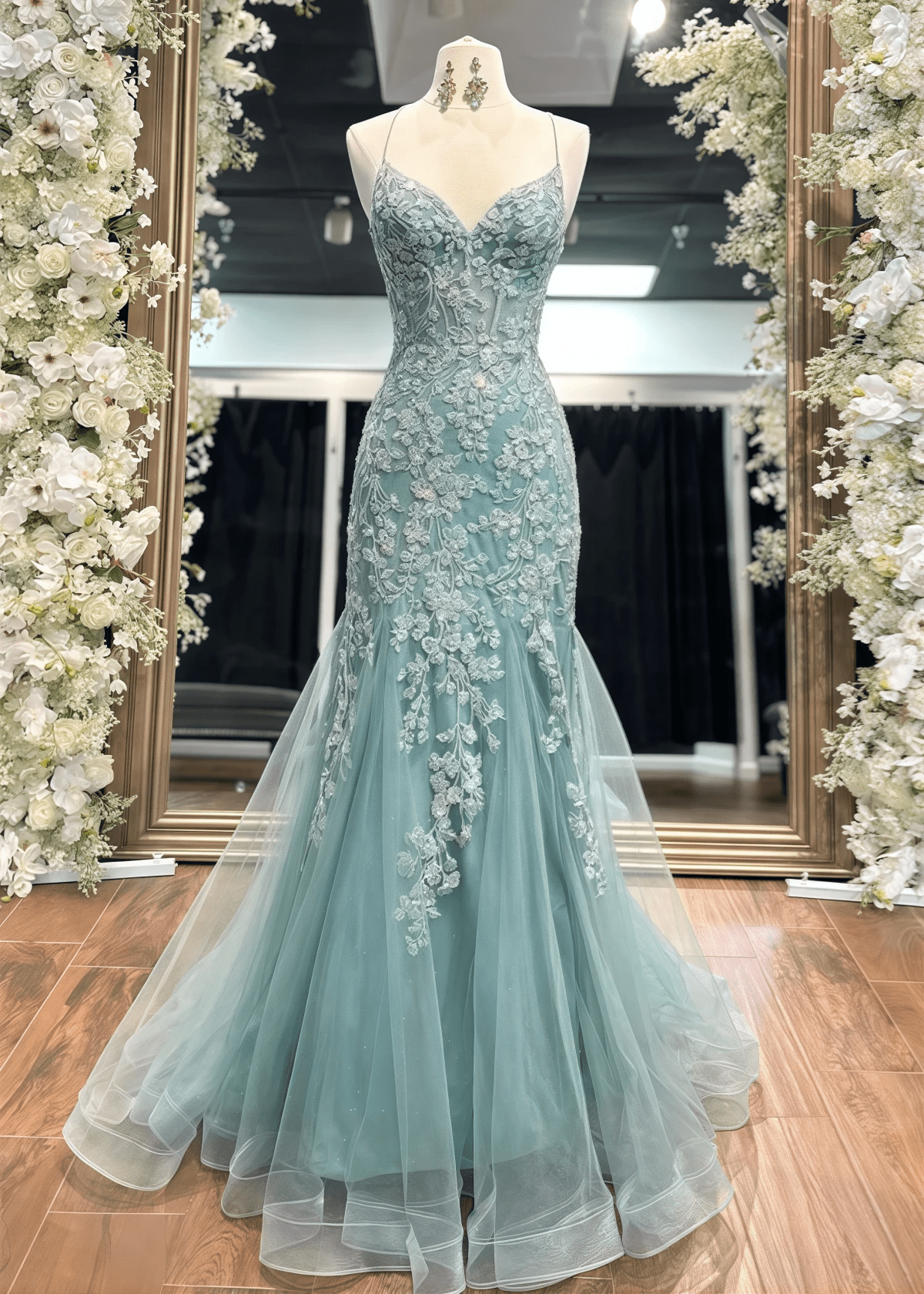 Mamie | Mermaid Appliques Lace Sage Green Maxi Formal Dress - Sage Floral - PROMDRESS Club