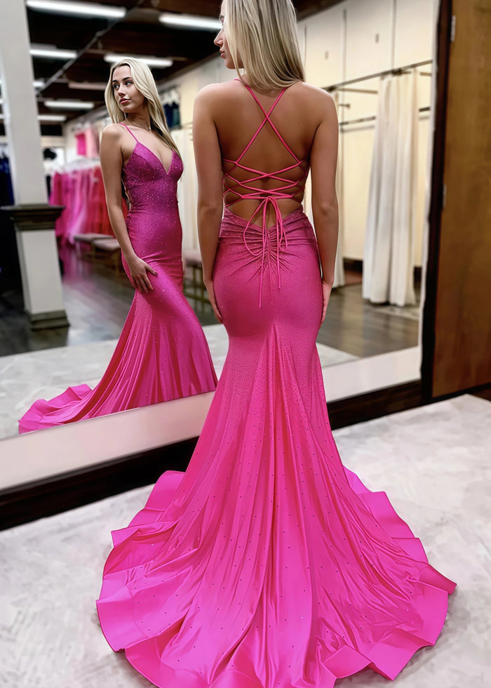 Mandy | Mermaid Spaghetti Straps Long Red Prom Dress with Beading - Fuchsia - PromDressClub