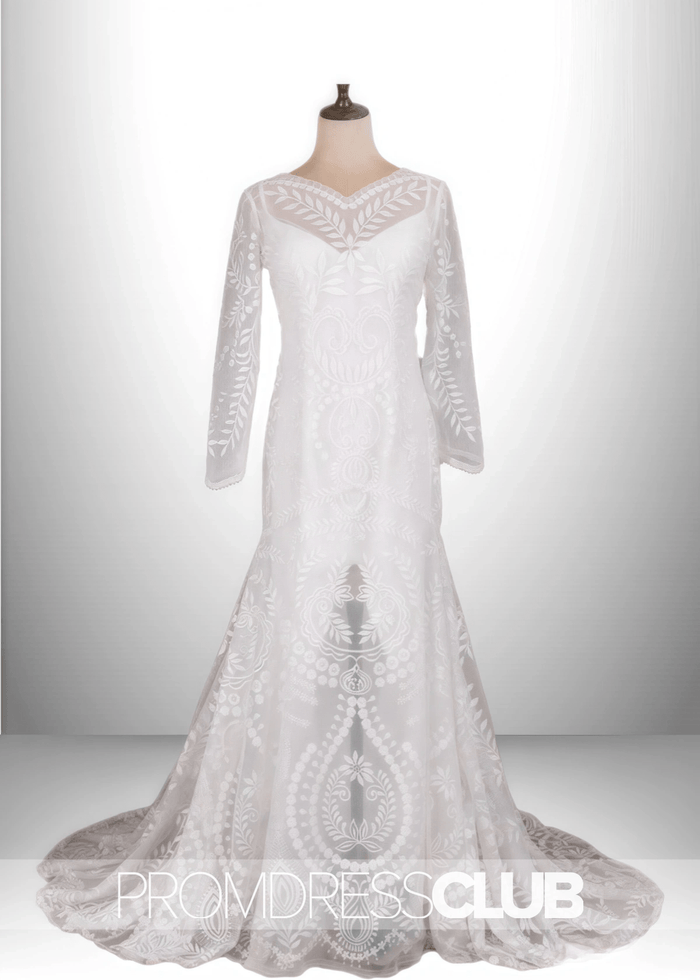 Marcia |Long Sleeve Wedding Dresses White Boho Mermaid Lace with Beach - White - PromDressClub