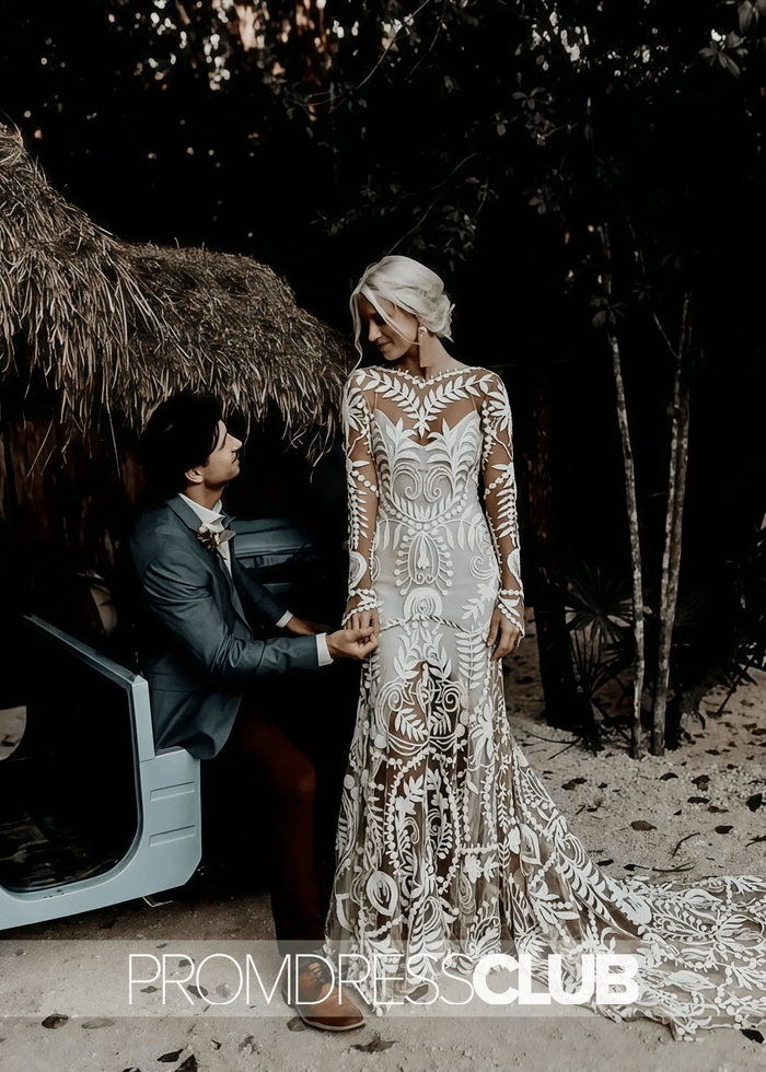 Marcia |Long Sleeve Wedding Dresses White Boho Mermaid Lace with Beach - Ivory - PromDressClub