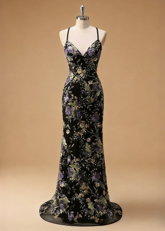 Maren Floral Black Sparkly Dress Prom | Mermaid Spaghetti Strap V - Neck Beaded Formal Dress with Sequins - Black - PromDressClub
