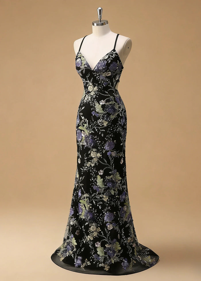 Maren Floral Black Sparkly Dress Prom | Mermaid Spaghetti Strap V - Neck Beaded Formal Dress with Sequins - Black - PromDressClub