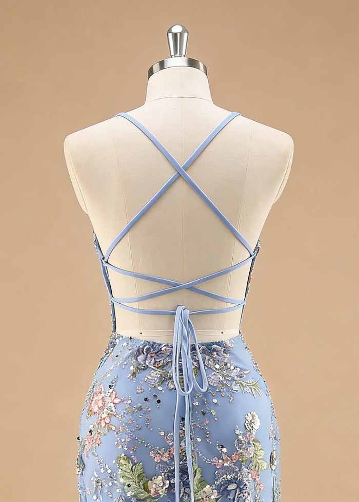 Maren Floral Blue Sparkly Dress Prom | Mermaid Spaghetti Strap V - Neck Beaded Formal Dress with Sequins - Blue - PromDressClub