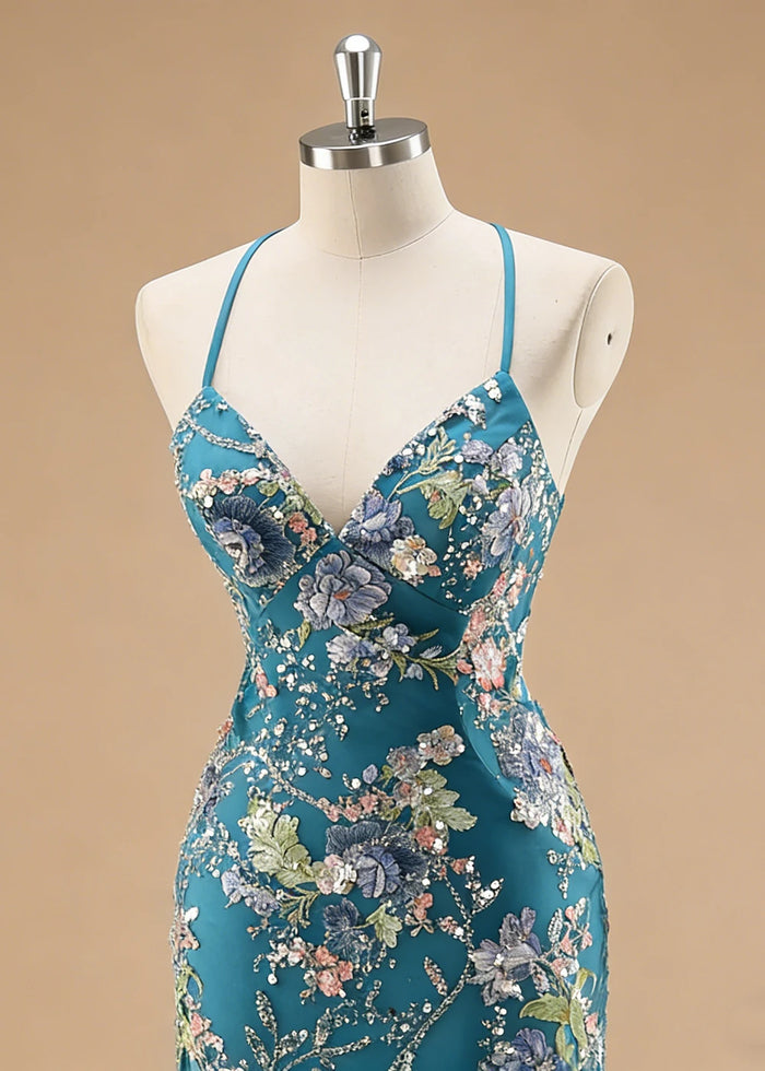 Maren Floral Peacock Sparkly Dress Prom | Mermaid Spaghetti Strap V - Neck Beaded Formal Dress with Sequins - Peacock - PromDressClub