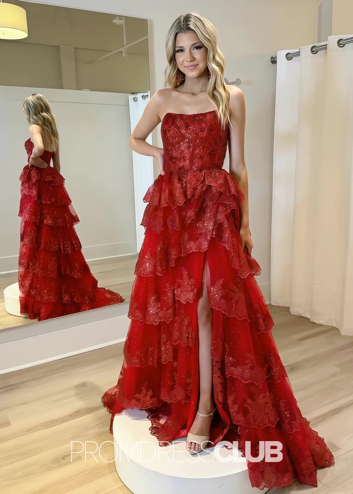 Marian |Red Long Prom Dresses Near Me With A Line Strapless Ruffle Sequin Lace - Red - US0 - PromDressClub