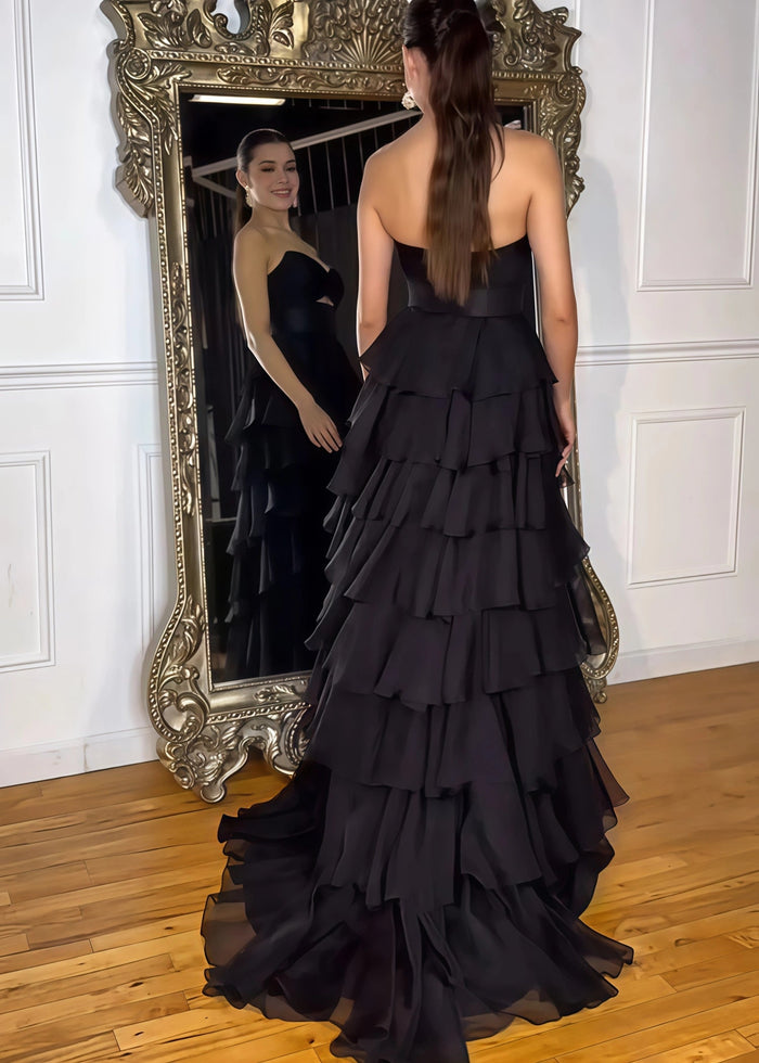 Marjorie | A - Line Sweetheart Chiffon Tiered Long Royal Blue Prom Dress with Slit - Black - PromDressClub