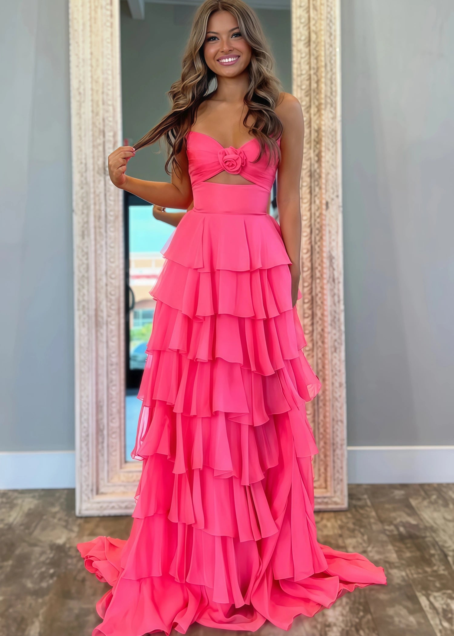 Marjorie | A - Line Sweetheart Chiffon Tiered Long Royal Blue Prom Dress with Slit - Coral - US0 - PromDressClub