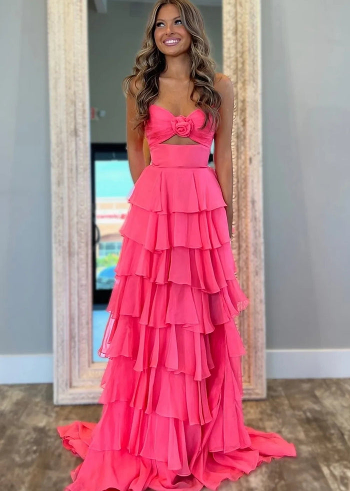 Marjorie | A - Line Sweetheart Chiffon Tiered Long Royal Blue Prom Dress with Slit - Coral - PromDressClub