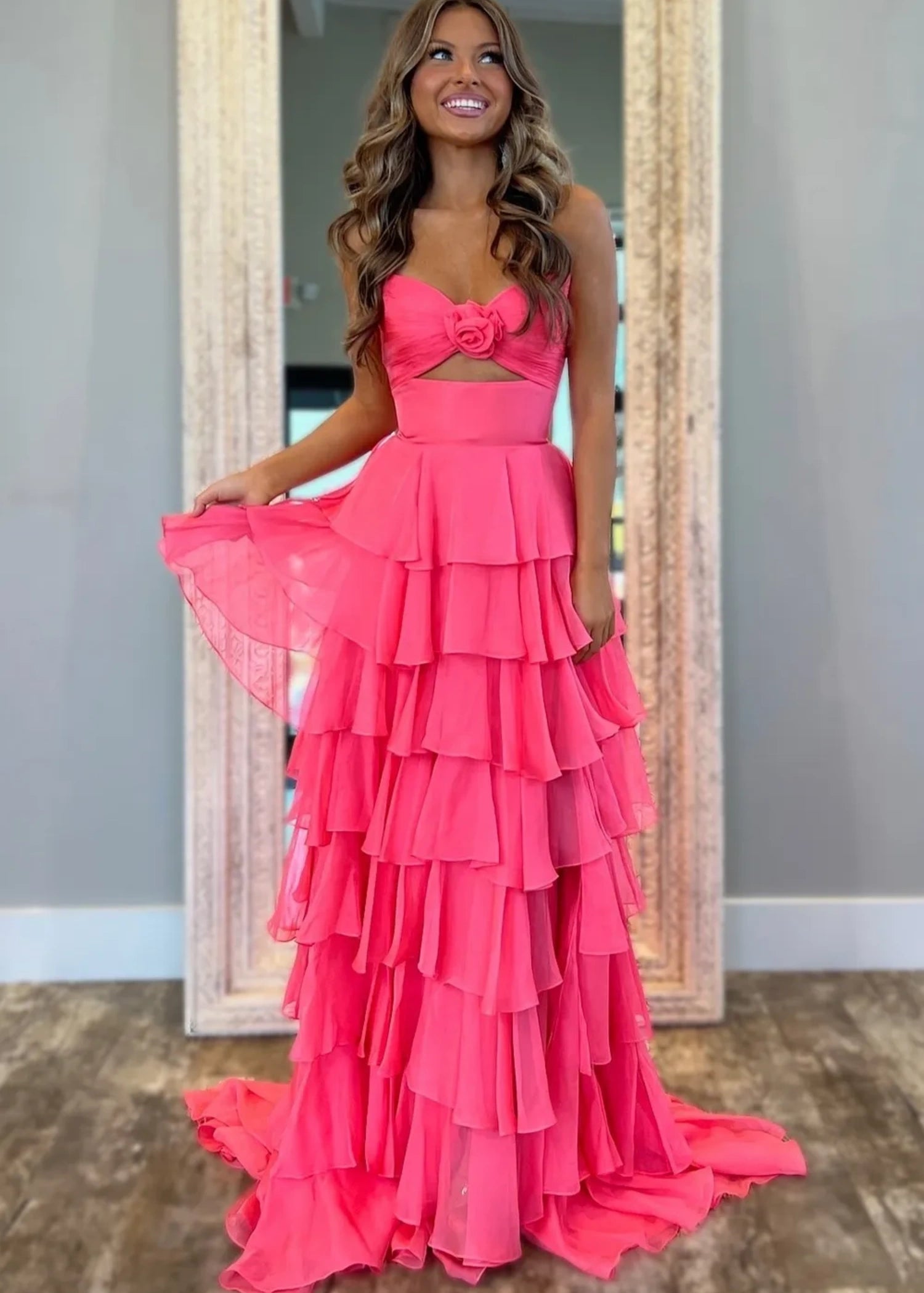 Marjorie | A - Line Sweetheart Chiffon Tiered Long Royal Blue Prom Dress with Slit - Coral - US0 - PromDressClub