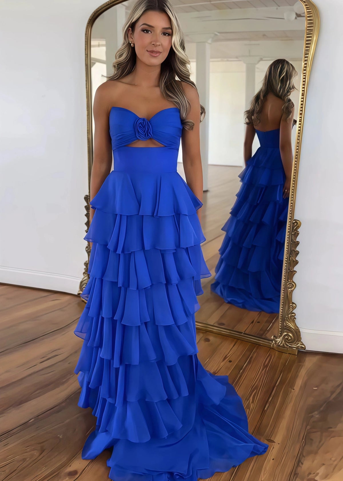 Marjorie | A - Line Sweetheart Chiffon Tiered Long Royal Blue Prom Dress with Slit - Royal Blue - US0 - PromDressClub