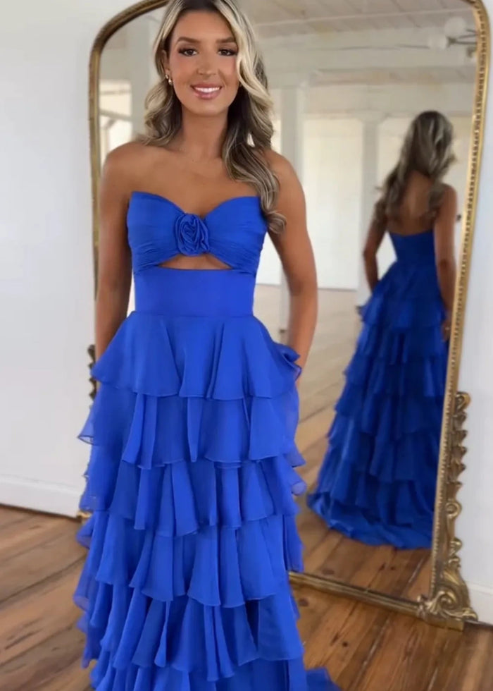 Marjorie | A - Line Sweetheart Chiffon Tiered Long Royal Blue Prom Dress with Slit - Royal Blue - PromDressClub