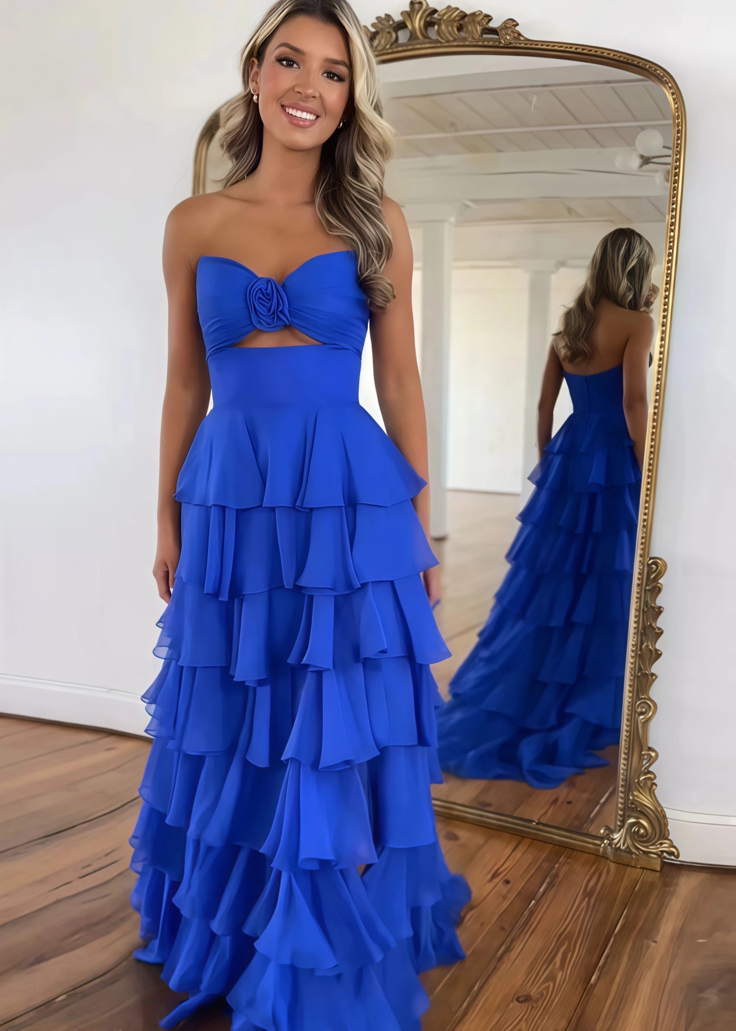 Marjorie | A - Line Sweetheart Chiffon Tiered Long Royal Blue Prom Dress with Slit - Royal Blue - US0 - PromDressClub