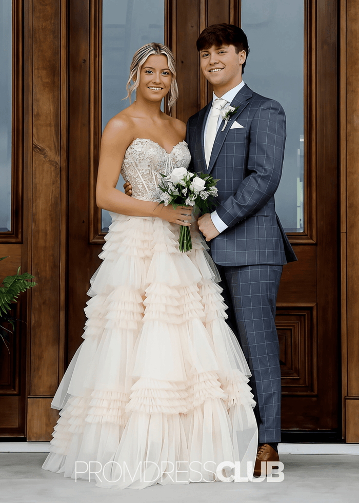 Mary | A Line Lace Appliques Tiered White Maxi Formal Dress Stores Near Me - Price #price_variant_lowest# - Champagne - PromDressClub