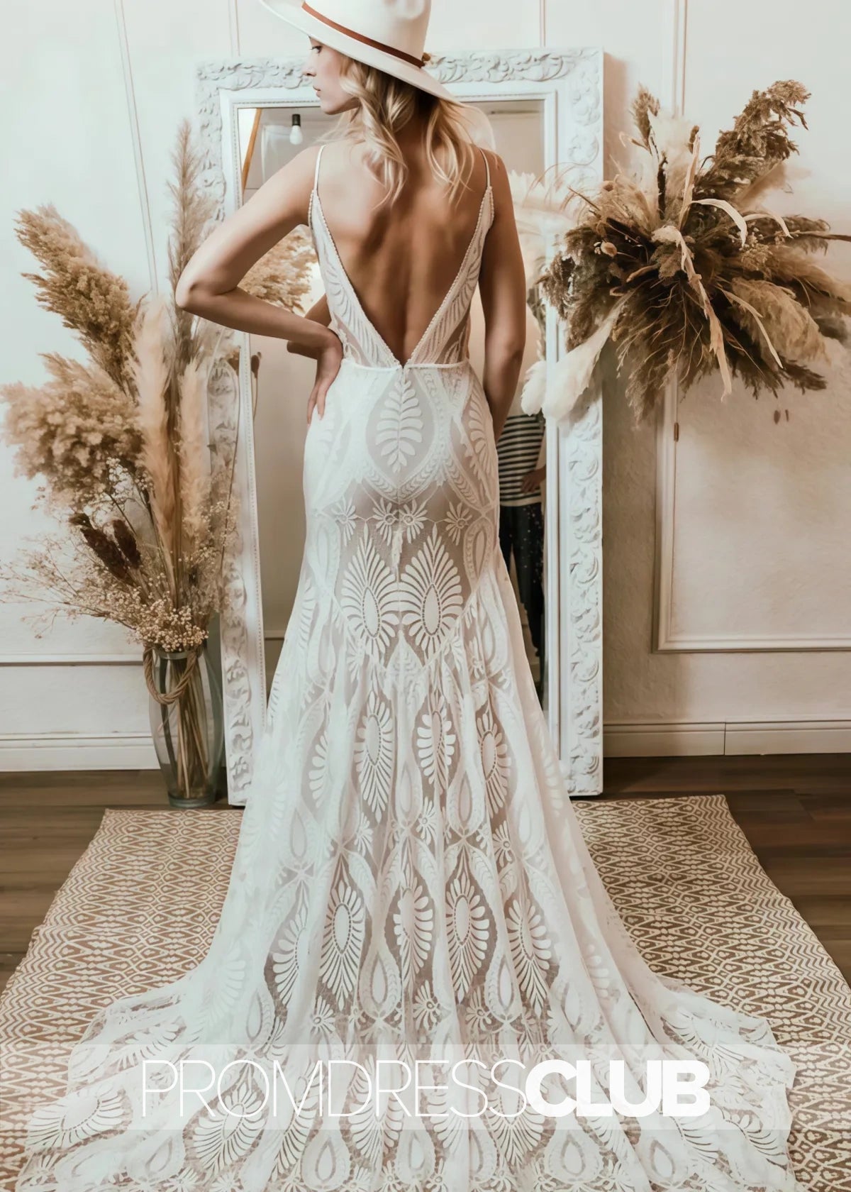 Mary |Long Beach Wedding Dresses Near Me With Floral Mermaid V Neck Plunging Boho Lace Sweep Train - White - US0 - PromDressClub