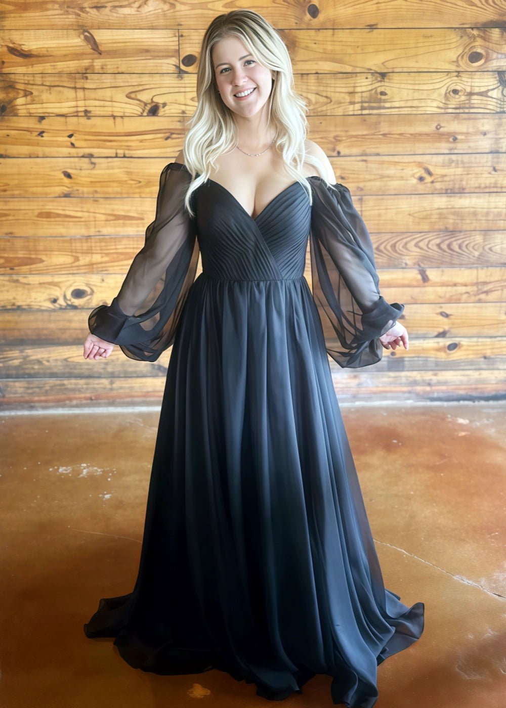 Maud | Black Tie A Line Off the Shoulder Long Puff Sleeve Wedding Dress - Black - PromDressClub