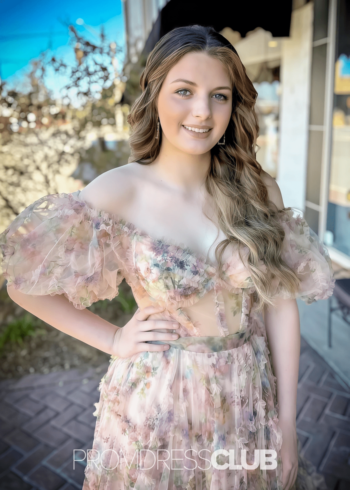 Maureen | A Line Champagne Floral Print Long Prom Dress Stores Near Me - Champagne Floral - PROMDRESS Club