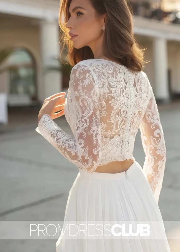 Maureen |Fall Long Wedding Dresses Near Me With Two Piece V - neck Sweep Train Lace Long Sleeves - Price #price_variant_lowest# - White - PromDressClub