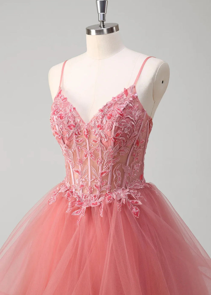 Mavis | A - Line Spaghetti Straps Tulle Tiered Long Corset Coral Prom Dress with Appliques - Coral - PromDressClub