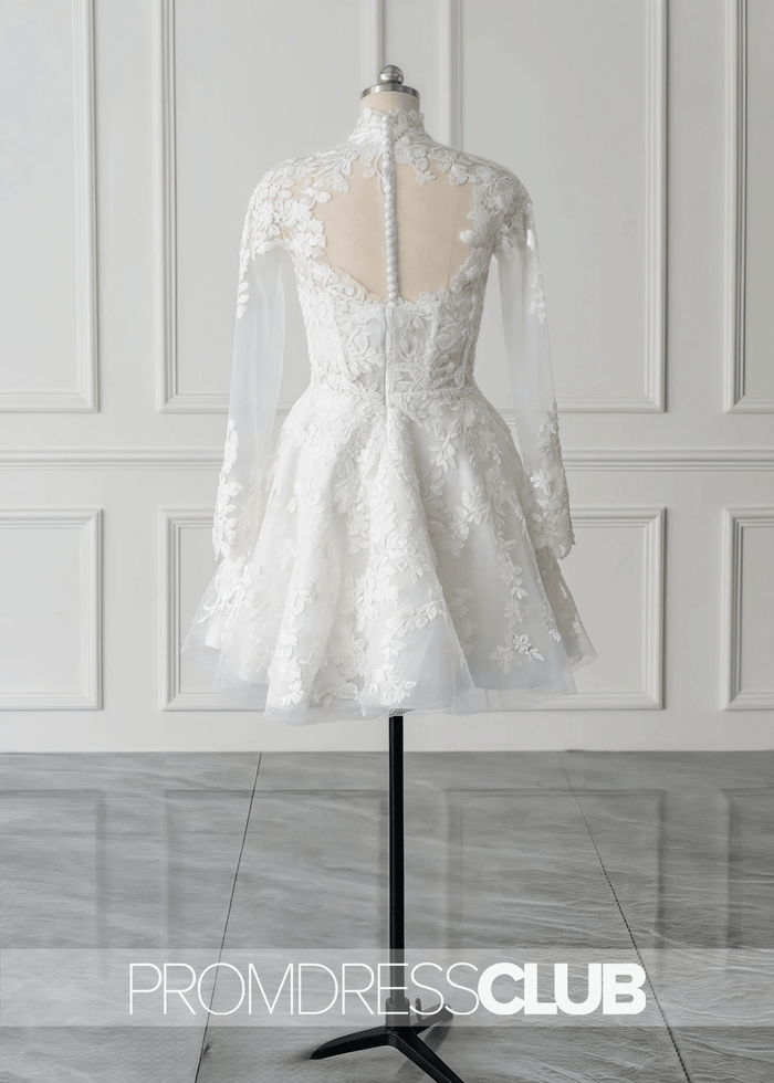Mavis |Short White Wedding Dresses Near Me With A - Line Illusion Neck Long Sleeves Lace - Price #price_variant_lowest# - White - PromDressClub
