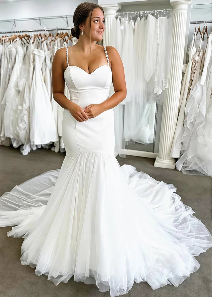 Maxine | Stunning Spaghetti Strap Sweetheart Neck Satin and Tulle Mermaid Wedding Dress with Long Train - White - PromDressClub