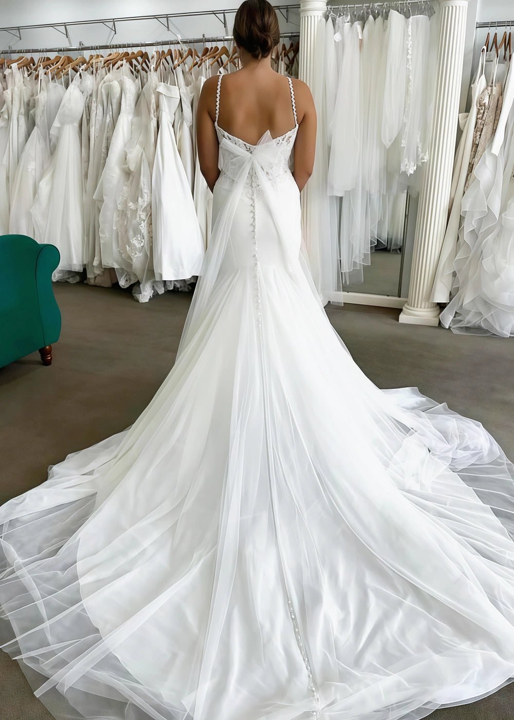 Maxine | Stunning Spaghetti Strap Sweetheart Neck Satin and Tulle Mermaid Wedding Dress with Long Train - White - PromDressClub