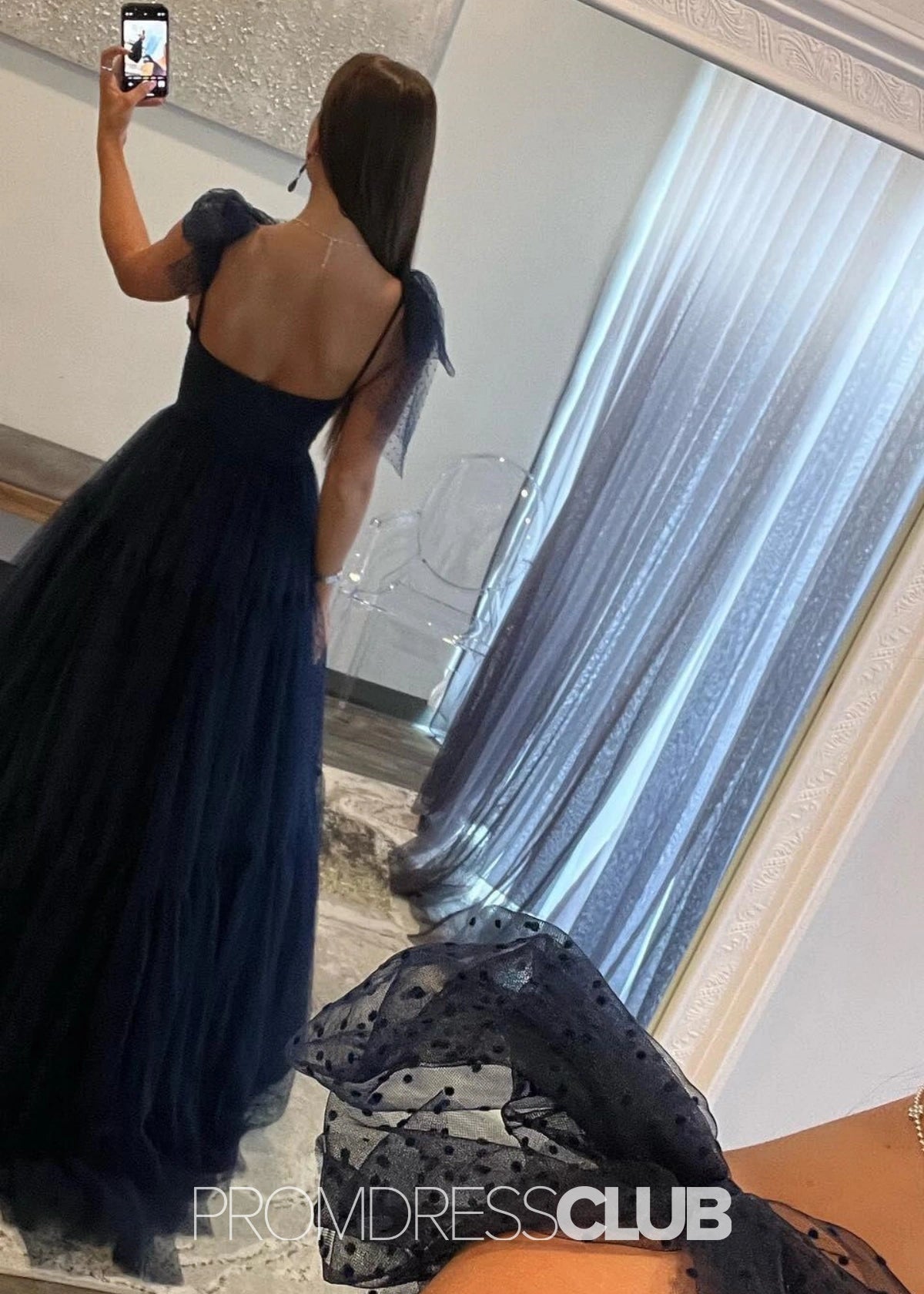 May | A Line Polk Dots Black Tulle Long Prom Dress Near Me - Price #price_variant_lowest# - Navy Blue - PromDressClub