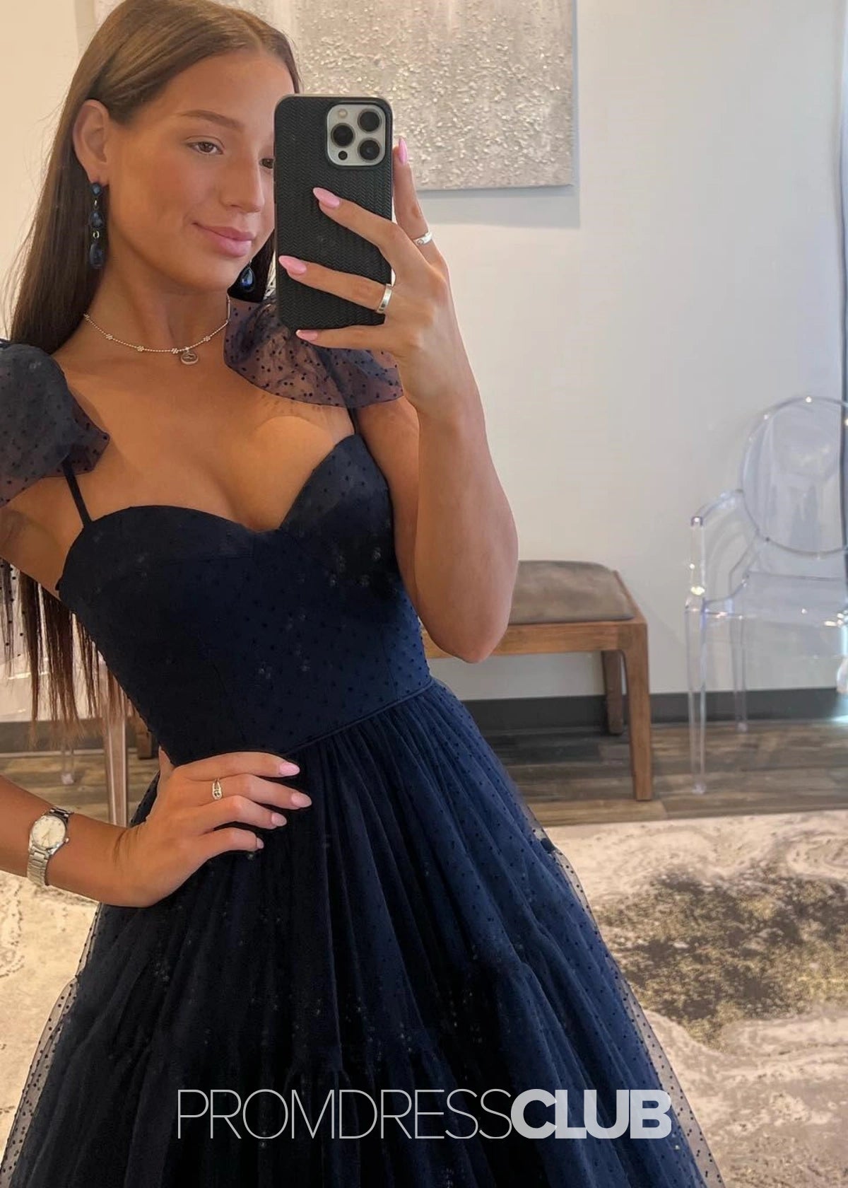 May | A Line Polk Dots Black Tulle Long Prom Dress Near Me - Price #price_variant_lowest# - Navy Blue - PromDressClub