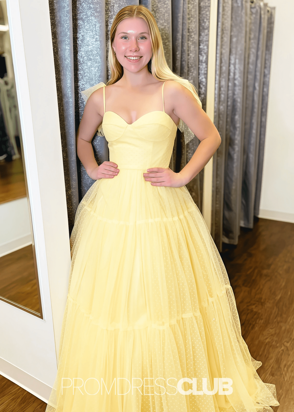 May | A Line Polk Dots Black Tulle Long Prom Dress Near Me - Price #price_variant_lowest# - Yellow - PromDressClub