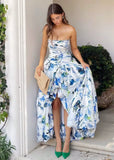 May | Light Blue Floral Strapless Corset Satin Formal Dress with Slit - Light Blue Floral - PromDressClub