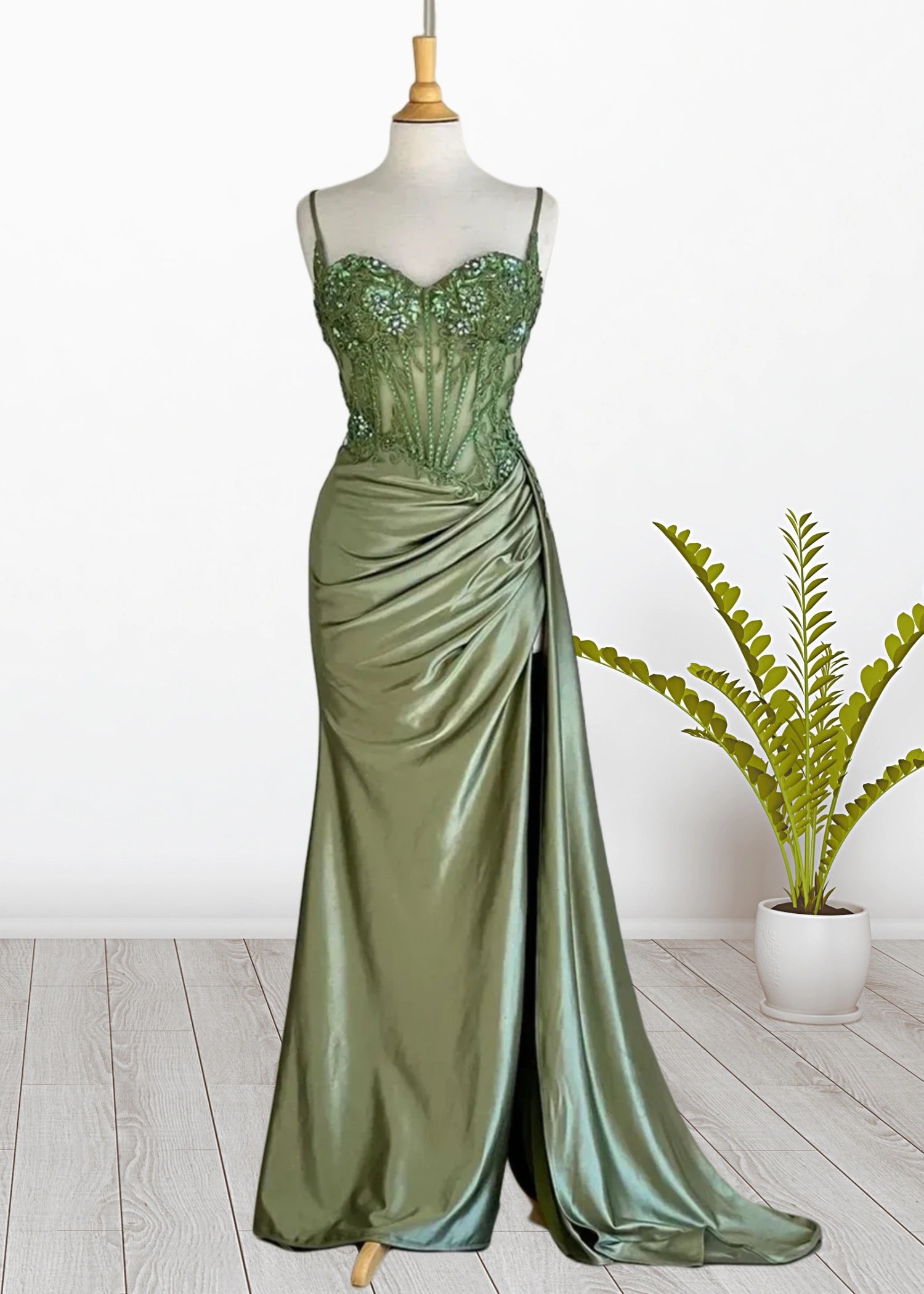 Mermaid Silver Spaghetti Straps Corset Long Prom Dress with Appliques - Green - US0 - PromDressClub