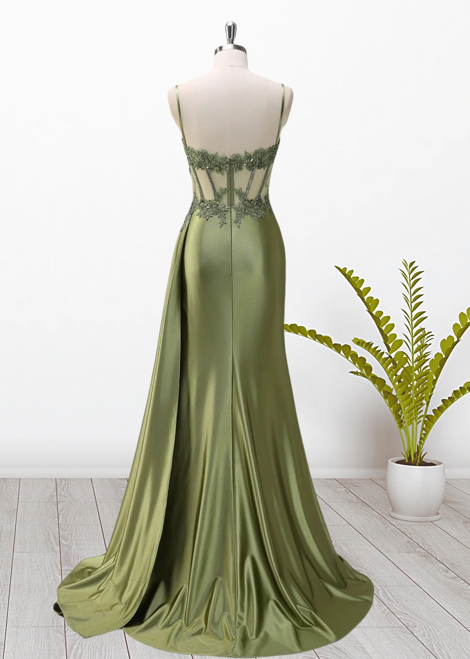 Mermaid Silver Spaghetti Straps Corset Long Prom Dress with Appliques - Green - US0 - PromDressClub