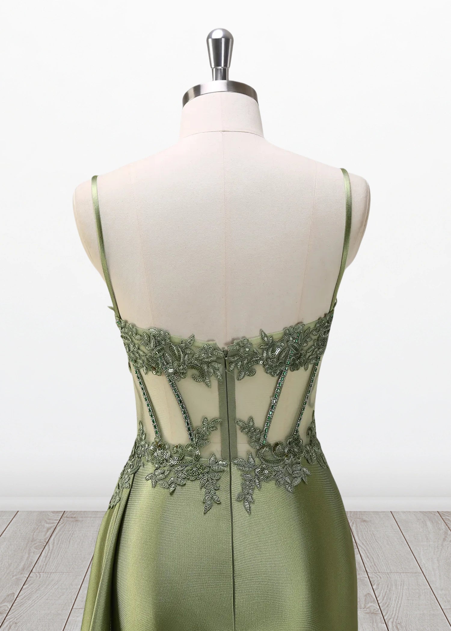 Mermaid Silver Spaghetti Straps Corset Long Prom Dress with Appliques - Green - US0 - PromDressClub